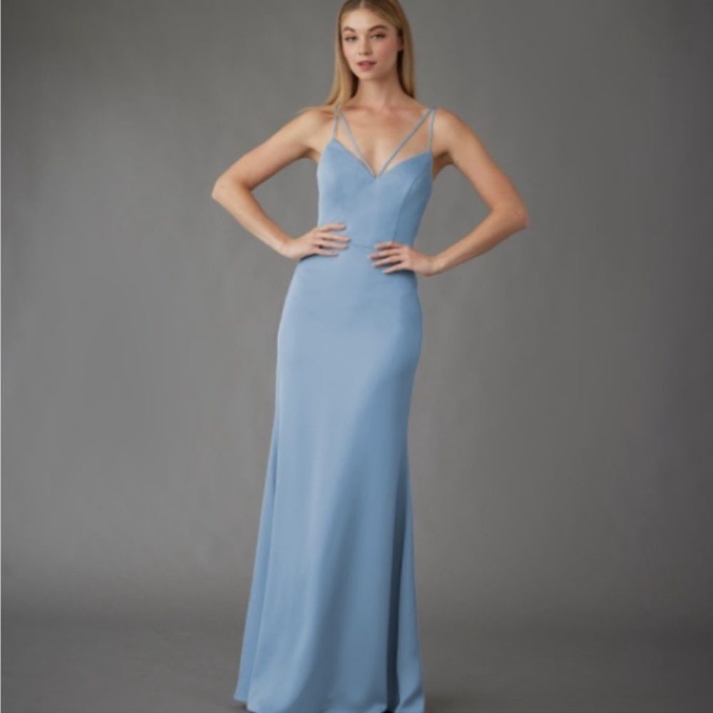 Hayley Paige Occasions Sky Blue Crepe Fitted Strappy Front Dress Size 8